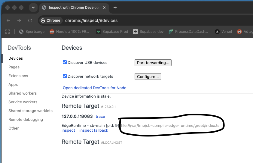 Chrome Inspect showing the compiled Edge Function path